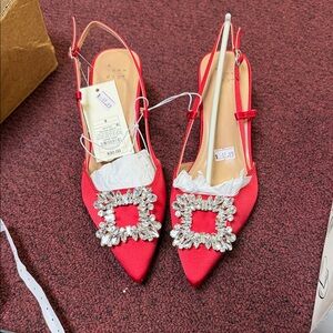 a new day Red Satin Pointed-Toe Slingback Flats with Crystal Square Buckle